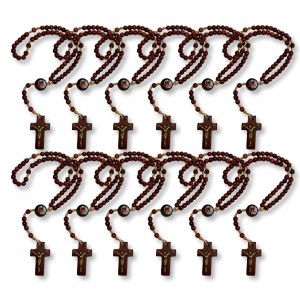 TE330002P12 - Terço São Miguel Arcanjo Madeira Escura c/ 12un. - 22cm