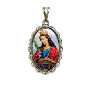 MD128057 - Medalha Santa Catarina Rendada Níquel - 4,1x2,6cm