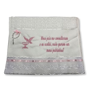 TO1443 - Toalha Batismo (Padrinhos) Rosa c/ Dezena - 45x31cm