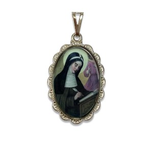 MD128100 - Medalha Santa Brígida Rendada Níquel - 4,1x2,6cm