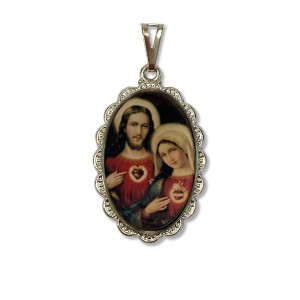 MD128801 - Medalha Sagrado Coração de Jesus e Maria  Rendada Níquel - 5x2,5cm