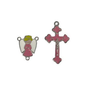 KT720101 - Kit Cruz e Entremeio Anjinho Rosa Níquel