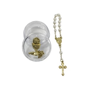 DZ112101 - Caixinha de Acrílico Primeira Eucaristia Dourada c/ Dezena - 3,7x3,7cm