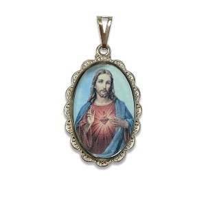 MD128417 - Medalha Sagrado Coração de Jesus Rendada Níquel - 4,1x2,6cm