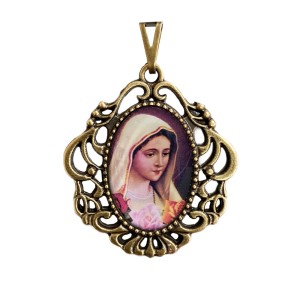 MD129212 - Medalha N. Sra. Rosa Mística Camafeu Ouro Velho - 4,5x4cm