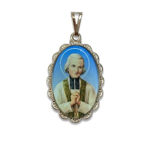 MD128492 - Medalha São João Maria Vianney Rendada Níquel - 4,3x2,7cm