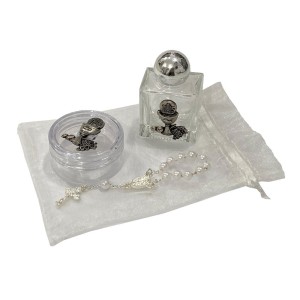 KT112285 - Kit Primeira Eucaristia c/ Caixinha de Acrílico, Dezena e Garrafa de Água Benta - 10ml