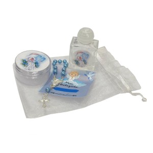 KT75435 - Kit Batismo Menino c/ Caixinha de Acrílico, Dezena e Garrafa de Água Benta - 10ml