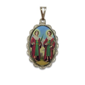 MD128476 - Medalha São Cosme e Damião Rendada Níquel - 5x2,5cm