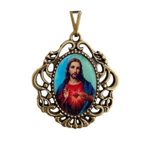 MD129681 - Medalha Sagrado Coração de Jesus Camafeu Ouro Velho - 5,5x4,2cm