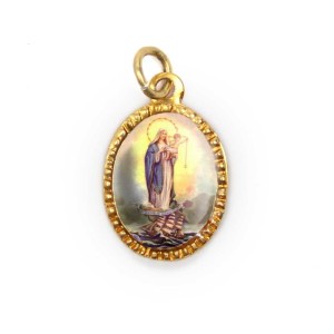 MD103066P10 - Medalha de Alumínio Oval Dourada c/ 10un. N. Sra. Dos Navegantes - 2X1,3cm