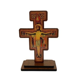 CU810815 - Crucifixo de Mesa São Damião Pedestal MDF Resinado - 17x10,5cm