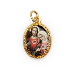 MD103414P10 - Medalha de Alumínio Oval Dourada c/ 10un. Sagrado Coração de Jesus e Maria - 2X1,3cm