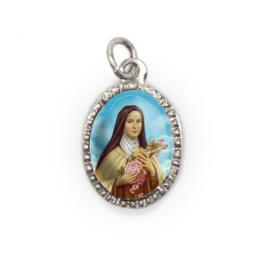 MD103627P10 - Medalha de Alumínio Oval Prata c/ 10un. Santa Terezinha das Rosas - 2X1,3cm