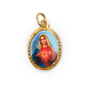 MD103072P10 - Medalha de Alumínio Oval Dourada c/ 10un. Sagrado Coração de Maria - 2X1,3cm