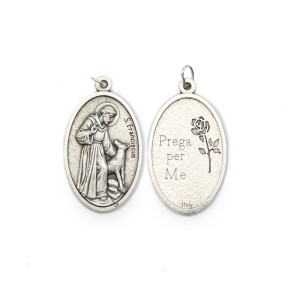 MD1190105 - Medalha São Francisco de Assis Italiana Oval Prateada - 4,5x2,6cm