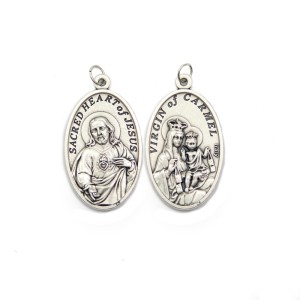 MD1190203 - Medalha Sagrado Coração de Jesus e N. Sra. Do Carmo Italiana Oval Dupla Prateada - 4,5x2,6cm