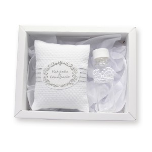 KT75675 - Kit Batismo Madrinha de Consagração c/ Almofada e Vidrinho p/ Água Benta - 11x14cm