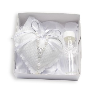 KT75670 - Kit Batismo c/ Almofada Coração e Vidrinho p/ Água Benta 10x10cm